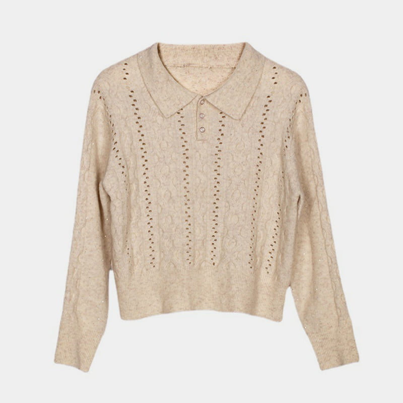 SM-K0012 Весенне-осенний однотонный вязаный джемпер с лацканами-поло и вырезами внизу SM-K0012 Весенне-осенний однотонный вязаный джемпер с лацканами-поло и вырезами внизу