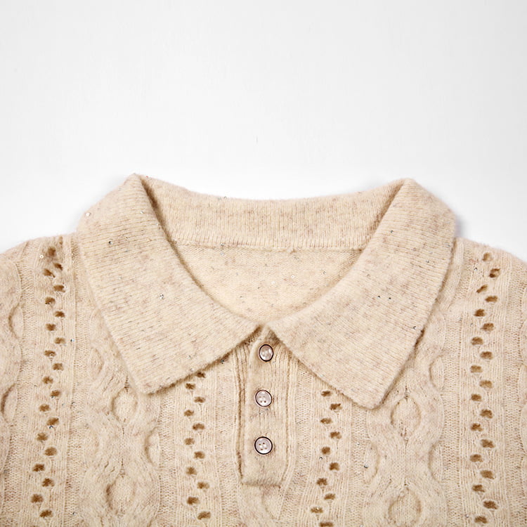 SM-K0012 Весенне-осенний однотонный вязаный джемпер с лацканами-поло и вырезами внизу SM-K0012 Весенне-осенний однотонный вязаный джемпер с лацканами-поло и вырезами внизу