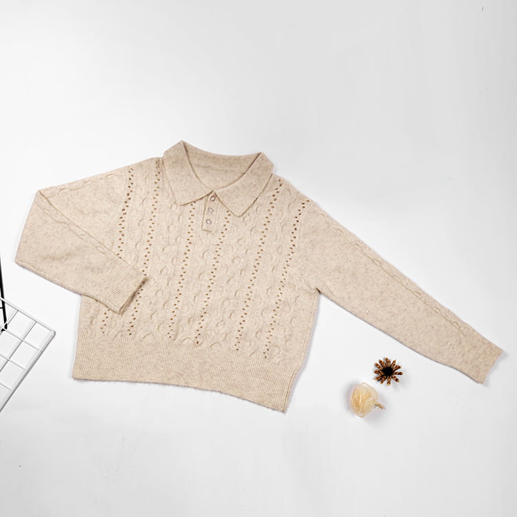 SM-K0012 Весенне-осенний однотонный вязаный джемпер с лацканами-поло и вырезами внизу SM-K0012 Весенне-осенний однотонный вязаный джемпер с лацканами-поло и вырезами внизу