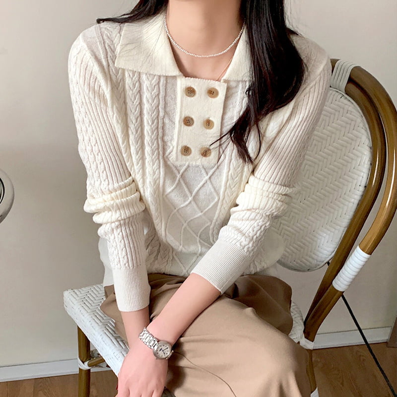 SM-K0026 Двубортный женский вязаный джемпер с длинными рукавами и маленькими лацканами SM-K0026 Двубортный женский вязаный джемпер с длинными рукавами и маленькими лацканами