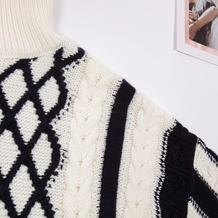 SM-K0045 Черно-белый толстый вязаный джемпер из контрастного мохера с высоким воротником SM-K0045 Черно-белый толстый вязаный джемпер из контрастного мохера с высоким воротником