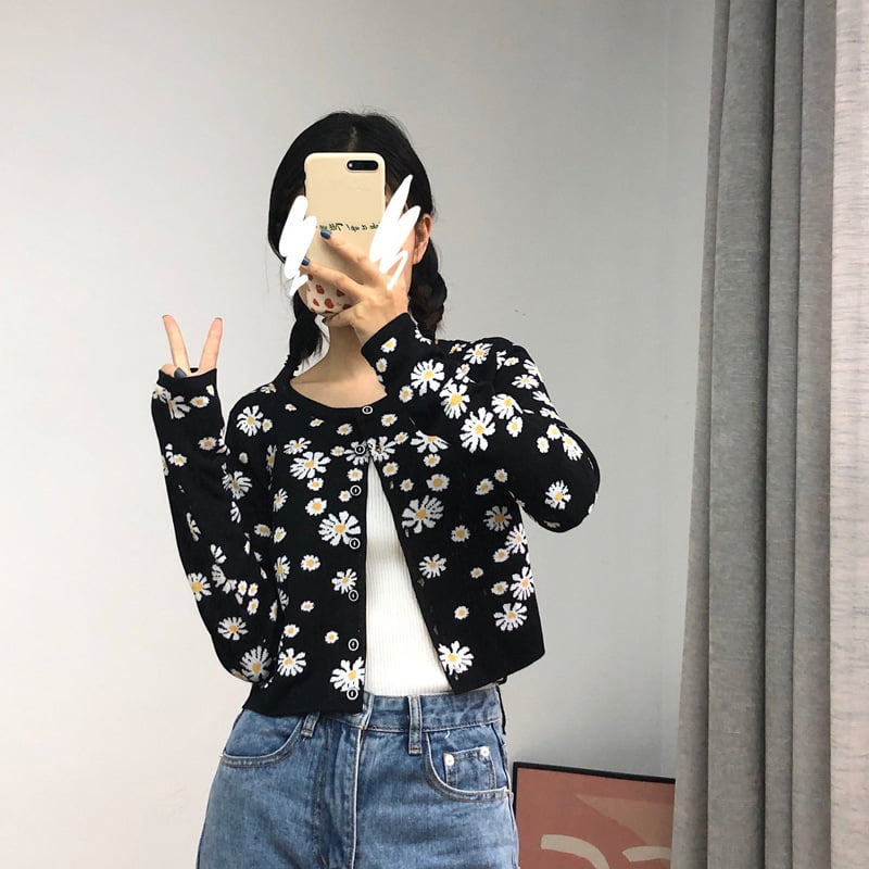 SM-K0009 Маленький вязаный свитер с ромашками, женский тонкий вязаный кардиган, куртка SM-K0009 Маленький вязаный свитер с ромашками, женский тонкий вязаный кардиган, куртка