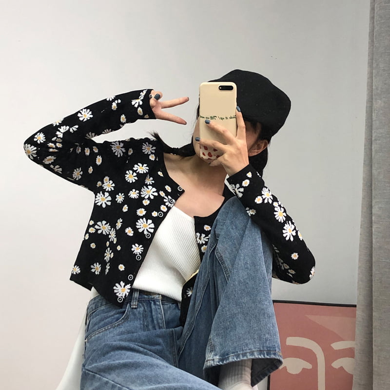 SM-K0009 Маленький вязаный свитер с ромашками, женский тонкий вязаный кардиган, куртка SM-K0009 Маленький вязаный свитер с ромашками, женский тонкий вязаный кардиган, куртка