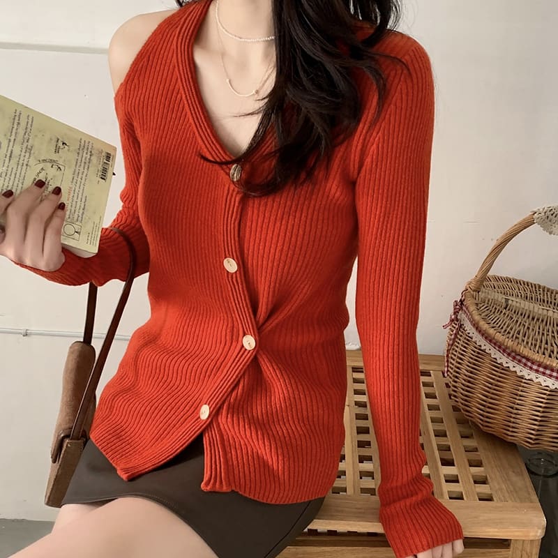 SM-K0022 Тонкий вязаный кардиган с длинными рукавами и открытыми плечами с V-образным вырезом и нишевым дизайном SM-K0022 Тонкий вязаный кардиган с длинными рукавами и открытыми плечами с V-образным вырезом и нишевым дизайном