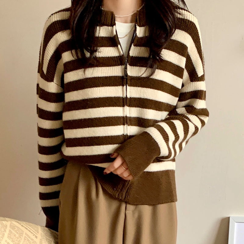 SM-K0029 Весенний женский пуловер с круглым вырезом, полосатый свитер на молнии и вязаный кардиган SM-K0029 Весенний женский пуловер с круглым вырезом, полосатый свитер на молнии и вязаный кардиган