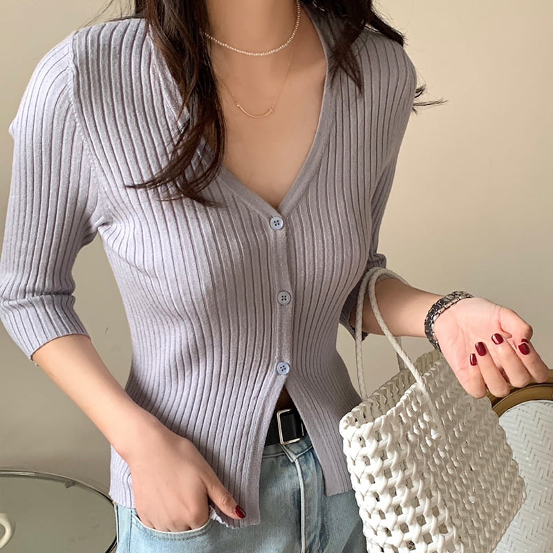 SM-K0023 Весенний женский однобортный вязаный кардиган с v-образным вырезом и рукавами средней длины SM-K0023 Весенний женский однобортный вязаный кардиган с v-образным вырезом и рукавами средней длины
