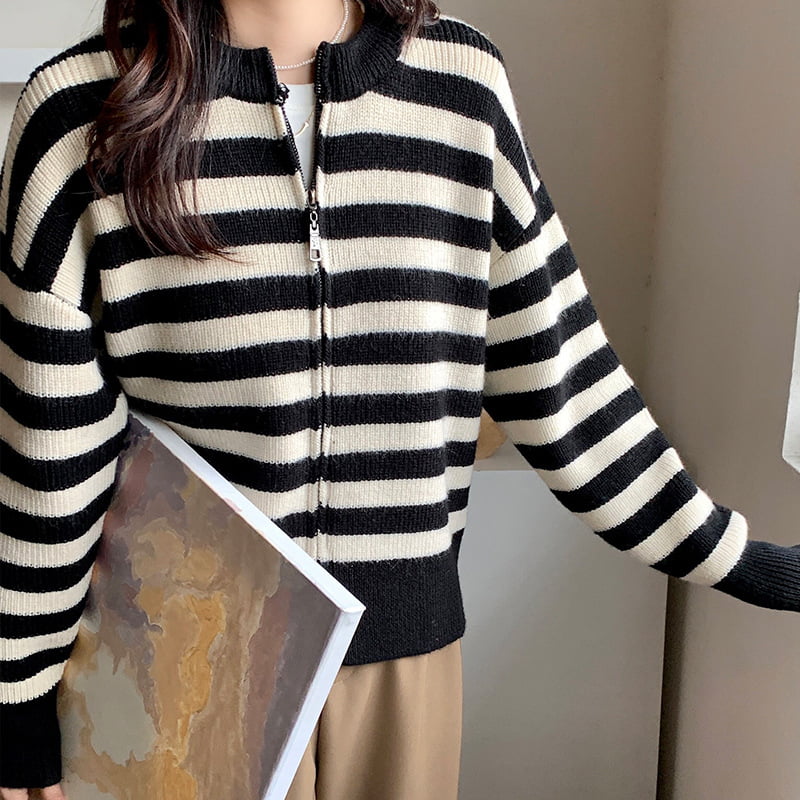 SM-K0029 Весенний женский пуловер с круглым вырезом, полосатый свитер на молнии и вязаный кардиган SM-K0029 Весенний женский пуловер с круглым вырезом, полосатый свитер на молнии и вязаный кардиган