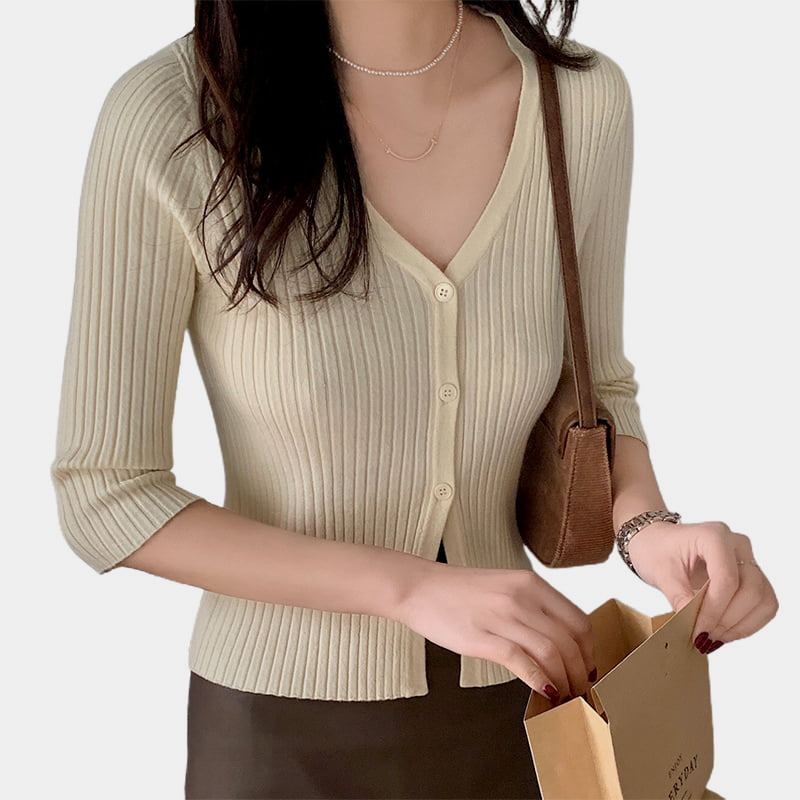 SM-K0023 Весенний женский однобортный вязаный кардиган с v-образным вырезом и рукавами средней длины SM-K0023 Весенний женский однобортный вязаный кардиган с v-образным вырезом и рукавами средней длины