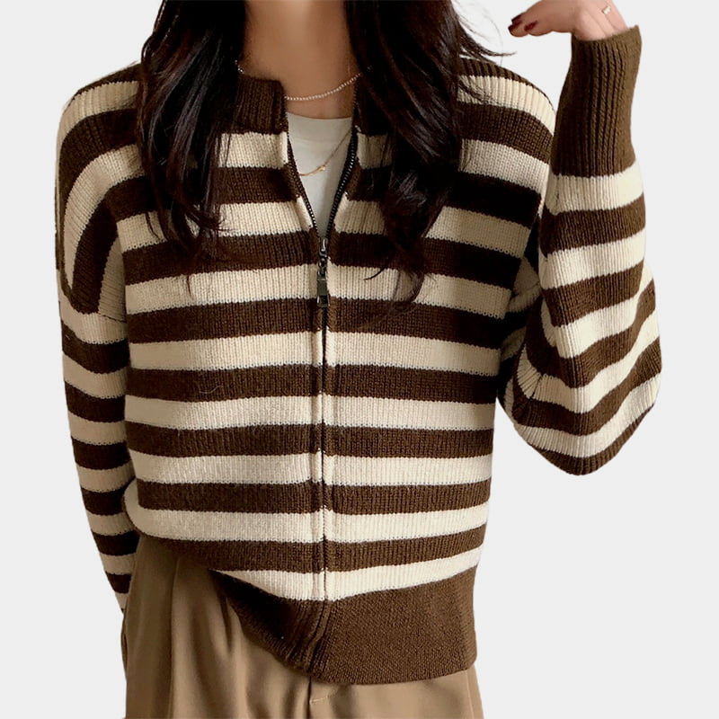 SM-K0029 Весенний женский пуловер с круглым вырезом, полосатый свитер на молнии и вязаный кардиган SM-K0029 Весенний женский пуловер с круглым вырезом, полосатый свитер на молнии и вязаный кардиган