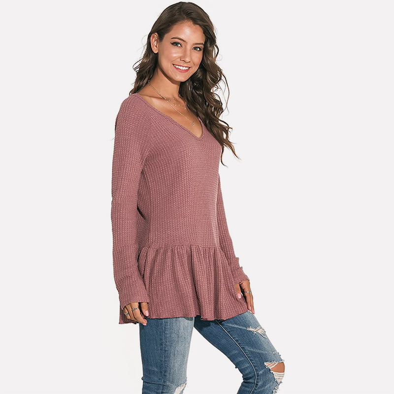 SM-K0096 Длинный вязаный джемпер с V-образным вырезом и воланами, повседневный свитер SM-K0096 Длинный вязаный джемпер с V-образным вырезом и воланами, повседневный свитер