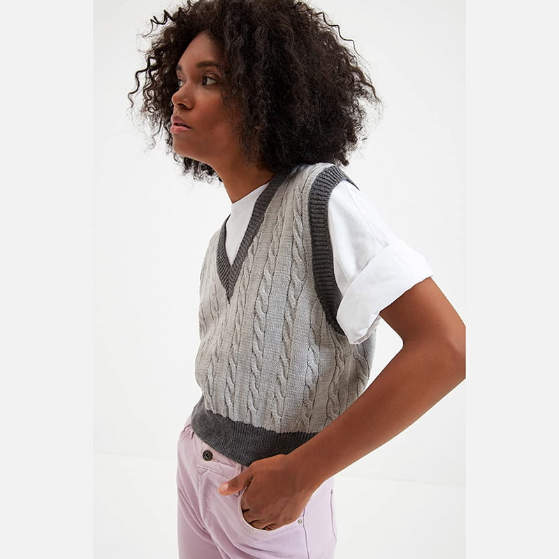 SM-K0100 Изысканный контрастный вязаный жилет с V-образным вырезом SM-K0100 Изысканный контрастный вязаный жилет с V-образным вырезом