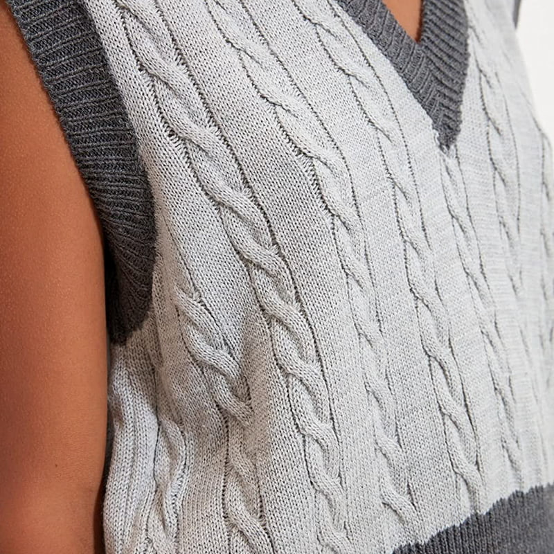 SM-K0100 Изысканный контрастный вязаный жилет с V-образным вырезом SM-K0100 Изысканный контрастный вязаный жилет с V-образным вырезом