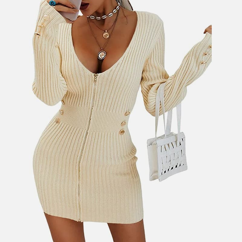 SM-K0078 Короткое тонкое трикотажное платье на молнии с длинными рукавами и V-образным вырезом SM-K0078 Короткое тонкое трикотажное платье на молнии с длинными рукавами и V-образным вырезом