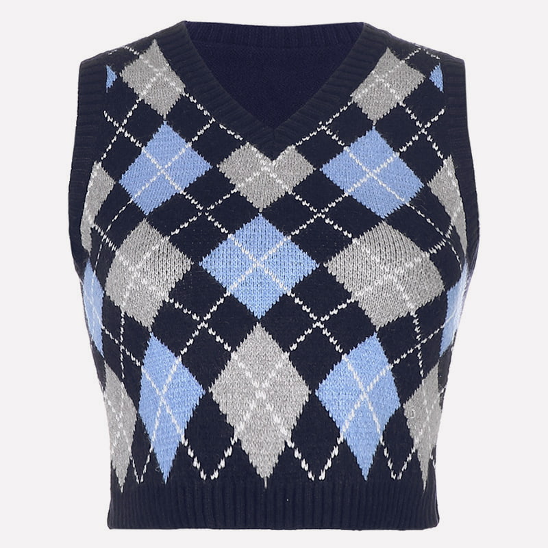 SM-K0058 Короткий вязаный жилет с V-образным вырезом и геометрическим узором в клетку