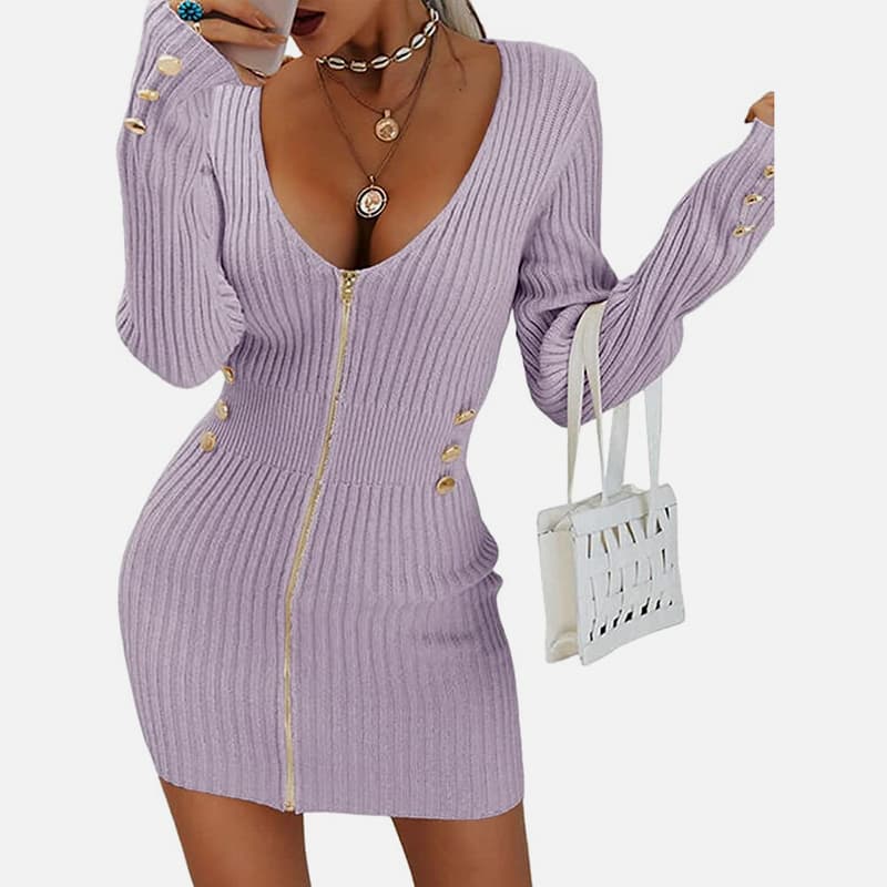 SM-K0078 Короткое тонкое трикотажное платье на молнии с длинными рукавами и V-образным вырезом SM-K0078 Короткое тонкое трикотажное платье на молнии с длинными рукавами и V-образным вырезом