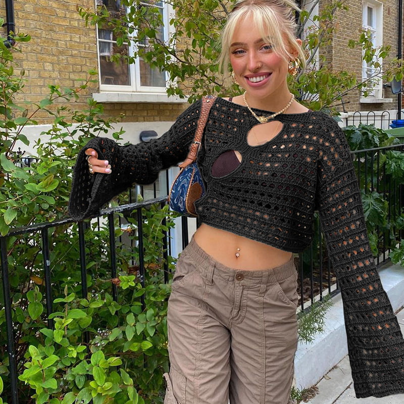 SM-K0084 Вязаная короткая верхняя одежда с полыми рукавами и рогами Вязаный джемпер SM-K0084 Вязаная короткая верхняя одежда с полыми рукавами и рогами Вязаный джемпер