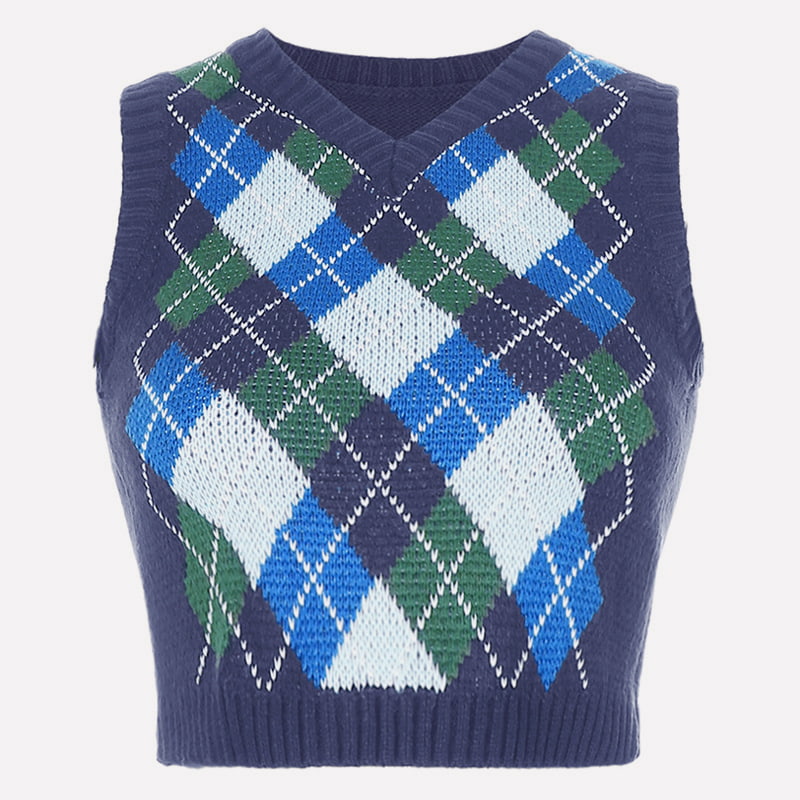 SM-K0058 Короткий вязаный жилет с V-образным вырезом и геометрическим узором в клетку SM-K0058 Короткий вязаный жилет с V-образным вырезом и геометрическим узором в клетку