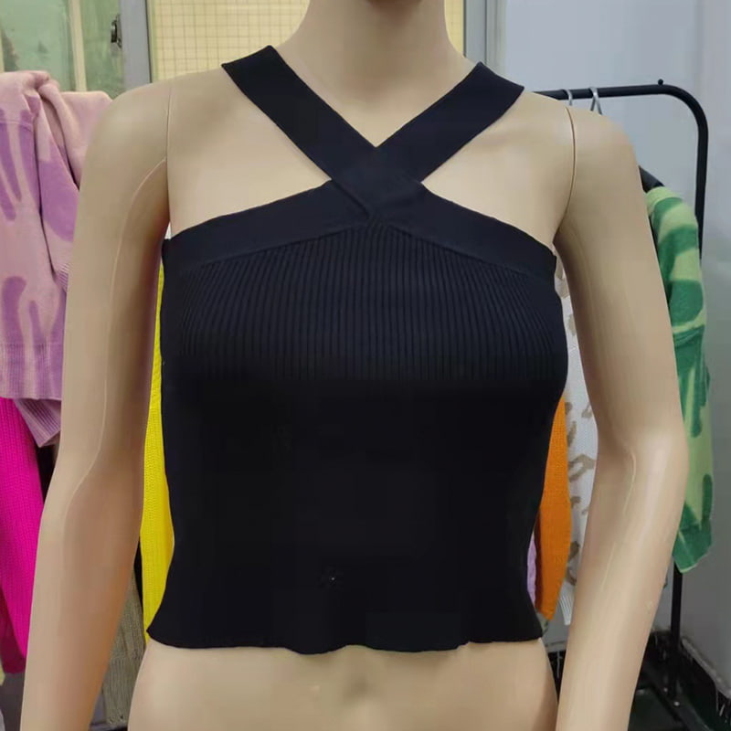 SM-K0106 Вязаный жилет без рукавов с подвесным воротником и перекрестными ремнями SM-K0106 Вязаный жилет без рукавов с подвесным воротником и перекрестными ремнями