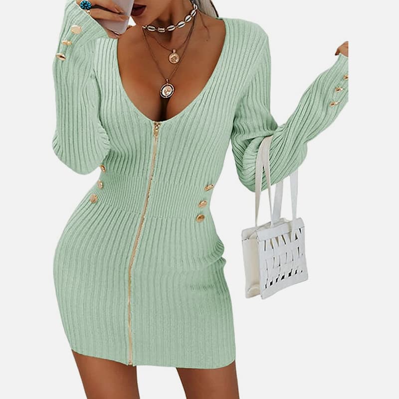 SM-K0078 Короткое тонкое трикотажное платье на молнии с длинными рукавами и V-образным вырезом SM-K0078 Короткое тонкое трикотажное платье на молнии с длинными рукавами и V-образным вырезом