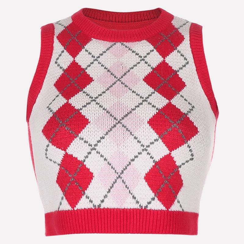 SM-K0058 Короткий вязаный жилет с V-образным вырезом и геометрическим узором в клетку SM-K0058 Короткий вязаный жилет с V-образным вырезом и геометрическим узором в клетку