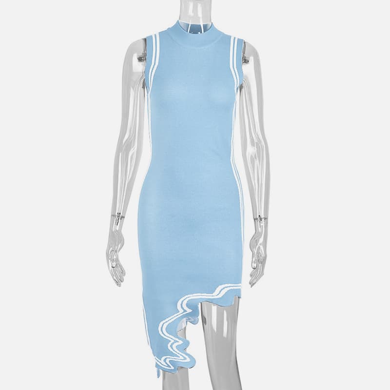 SM-K0079 Асимметричное трикотажное платье без рукавов с круглым вырезом в неправильную полоску SM-K0079 Асимметричное трикотажное платье без рукавов с круглым вырезом в неправильную полоску