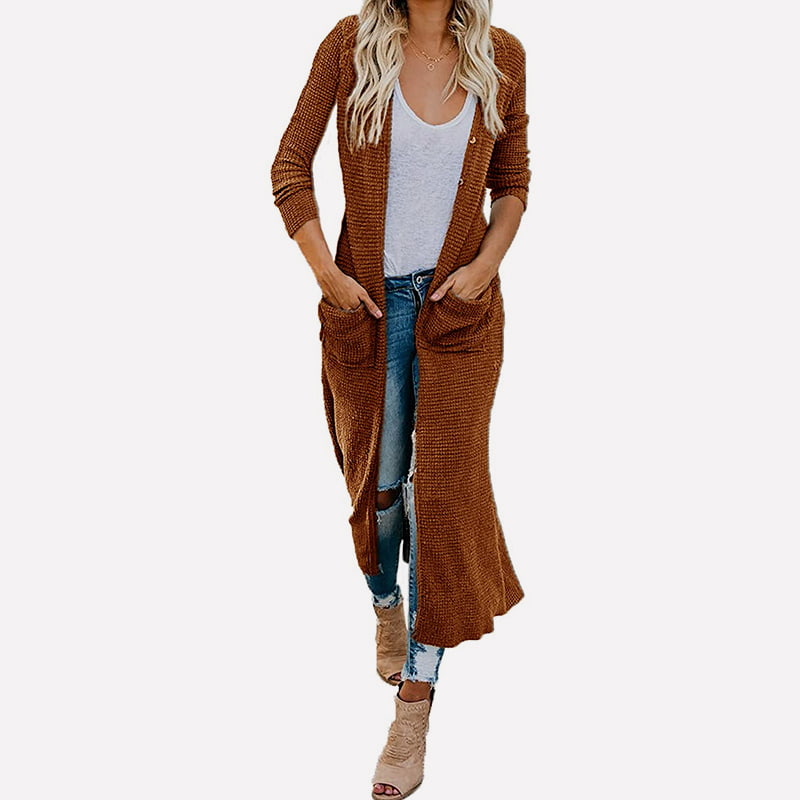 SM-K0074 Длинный однотонный вязаный кардиган с V-образным вырезом и карманами SM-K0074 Длинный однотонный вязаный кардиган с V-образным вырезом и карманами
