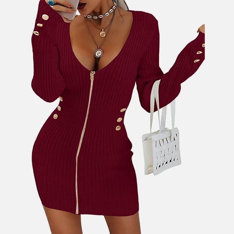 SM-K0078 Короткое тонкое трикотажное платье на молнии с длинными рукавами и V-образным вырезом SM-K0078 Короткое тонкое трикотажное платье на молнии с длинными рукавами и V-образным вырезом