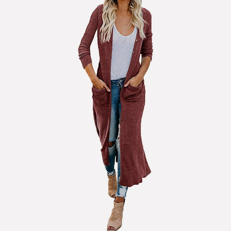 SM-K0074 Длинный однотонный вязаный кардиган с V-образным вырезом и карманами SM-K0074 Длинный однотонный вязаный кардиган с V-образным вырезом и карманами