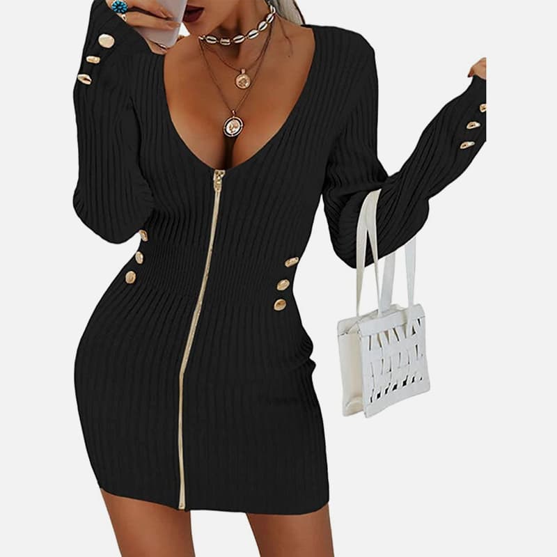 SM-K0078 Короткое тонкое трикотажное платье на молнии с длинными рукавами и V-образным вырезом SM-K0078 Короткое тонкое трикотажное платье на молнии с длинными рукавами и V-образным вырезом