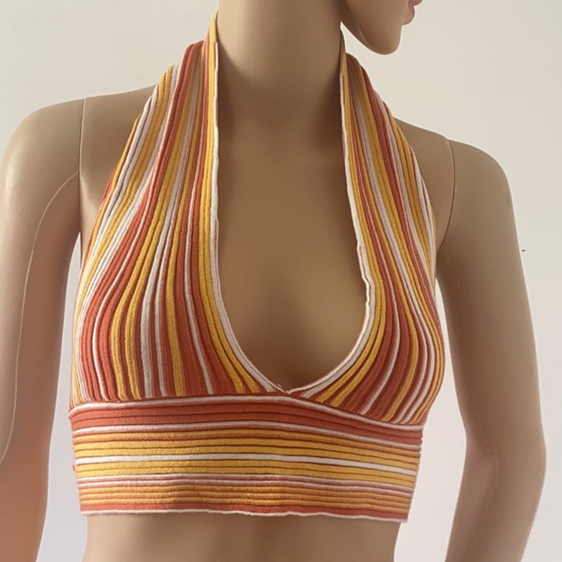 SM-K0107 Вязаный жилет в цветную полоску с вырезом SM-K0107 Вязаный жилет в цветную полоску с вырезом