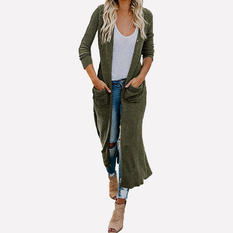 SM-K0074 Длинный однотонный вязаный кардиган с V-образным вырезом и карманами SM-K0074 Длинный однотонный вязаный кардиган с V-образным вырезом и карманами