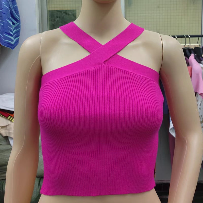 SM-K0106 Вязаный жилет без рукавов с подвесным воротником и перекрестными ремнями SM-K0106 Вязаный жилет без рукавов с подвесным воротником и перекрестными ремнями