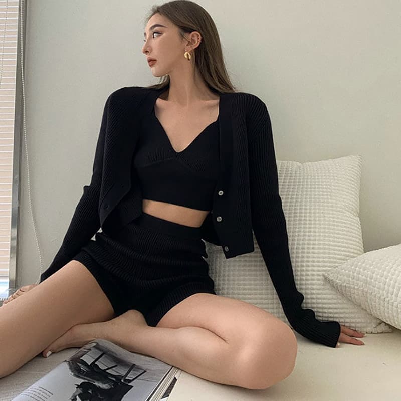 SM-K0112 Мягкий восковой мягкий сексуальный жилет и пальто + шорты вязаный костюм SM-K0112 Мягкий восковой мягкий сексуальный жилет и пальто + шорты вязаный костюм