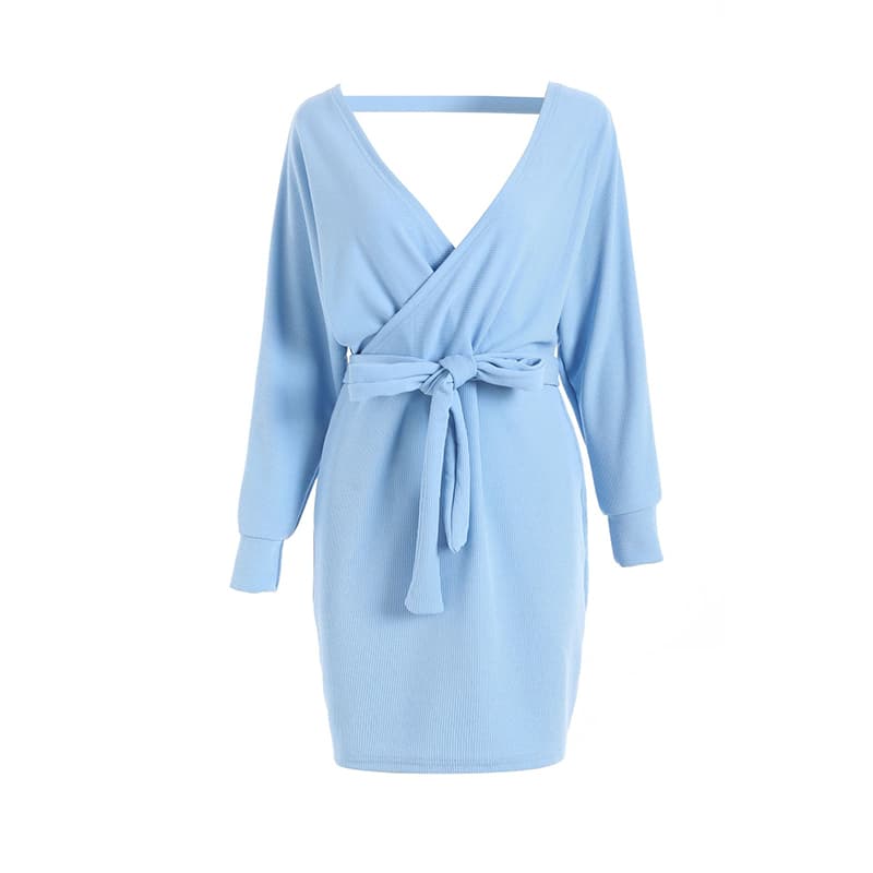 SM-K0076 Укороченное трикотажное платье со шнуровкой и V-образным вырезом, рукавами «летучая мышь» SM-K0076 Укороченное трикотажное платье со шнуровкой и V-образным вырезом, рукавами «летучая мышь»